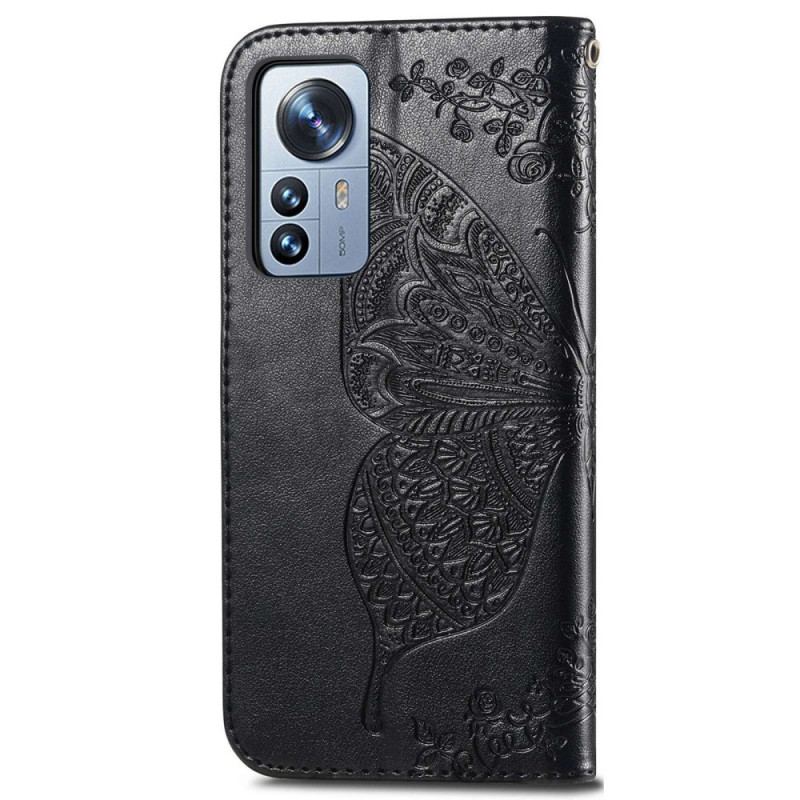 Capa De Couro Para Xiaomi 12T / 12T Pro Borboleta Barroca