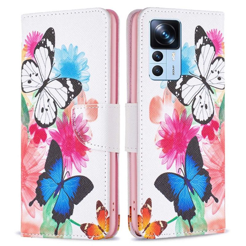 Capa De Couro Para Xiaomi 12T / 12T Pro Borboletas E Flores Pintadas