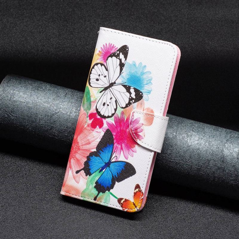 Capa De Couro Para Xiaomi 12T / 12T Pro Borboletas E Flores Pintadas