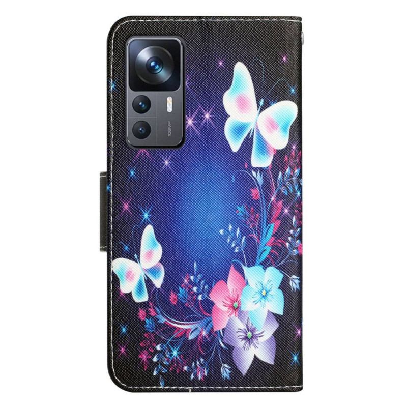 Capa De Couro Para Xiaomi 12T / 12T Pro Borboletas Luminosas Com Cordão