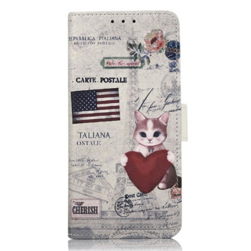 Capa De Couro Para Xiaomi 12T / 12T Pro Gato Viajante