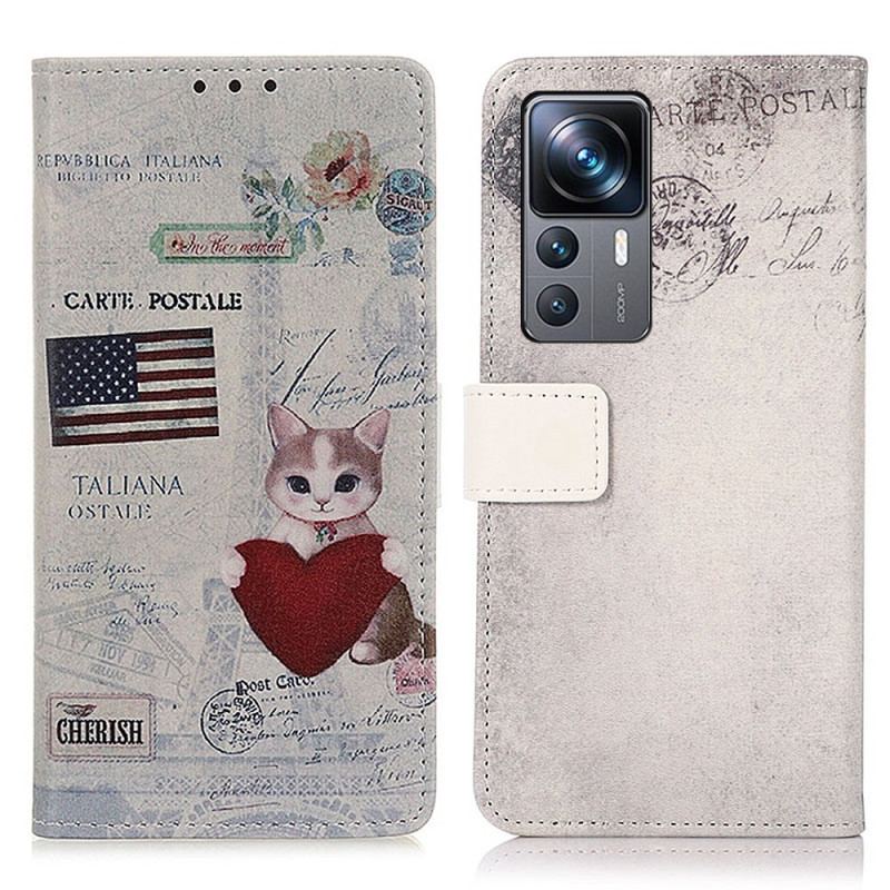 Capa De Couro Para Xiaomi 12T / 12T Pro Gato Viajante