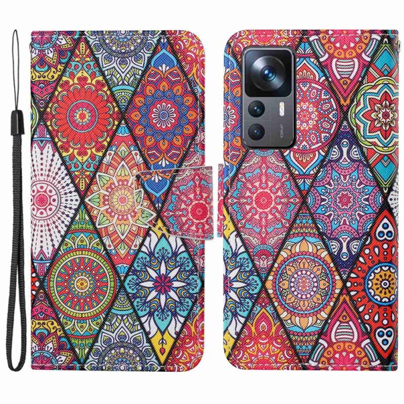 Capa De Couro Para Xiaomi 12T / 12T Pro Patchwork Com Cordão