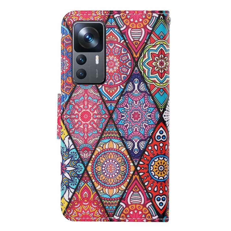 Capa De Couro Para Xiaomi 12T / 12T Pro Patchwork Com Cordão