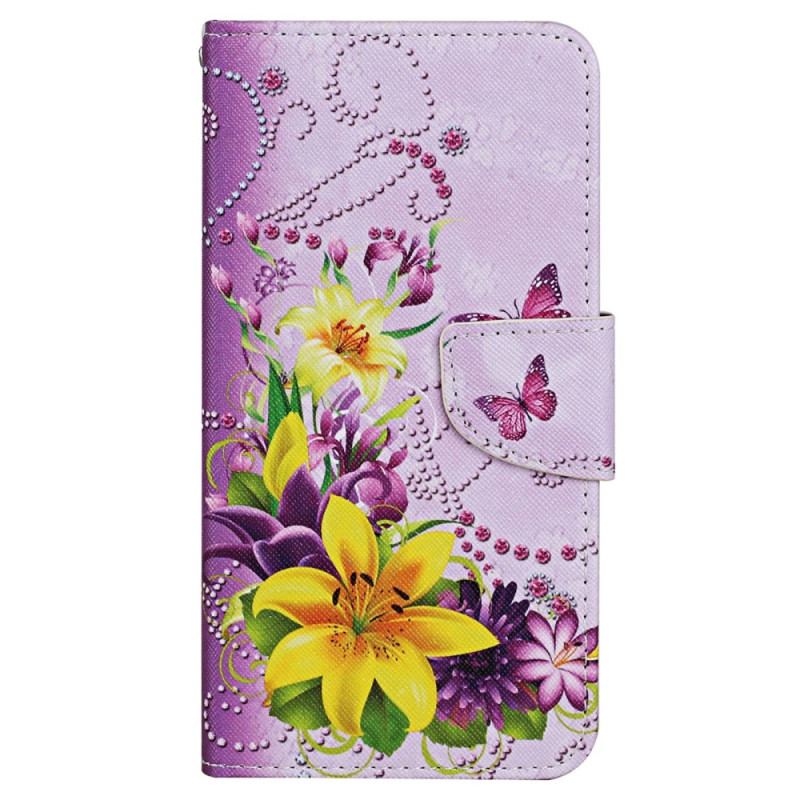 Capa Em Pele Para Xiaomi 12T / 12T Pro Borboletas De Flor Com Cordão