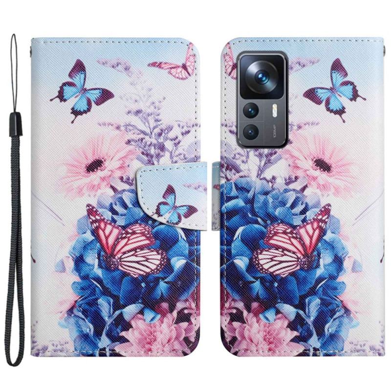 Capa Em Pele Para Xiaomi 12T / 12T Pro Borboletas De Flor Com Cordão