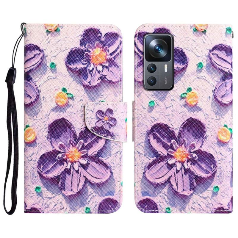 Capa Flip Para Xiaomi 12T / 12T Pro De Cordão Flores De Tiras