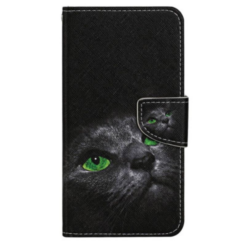 Capa Flip Para Xiaomi 12T / 12T Pro De Cordão Gato De Olhos Verdes Na Alça