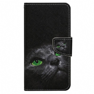 Capa Flip Para Xiaomi 12T / 12T Pro De Cordão Gato De Olhos Verdes Na Alça