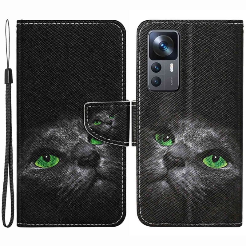 Capa Flip Para Xiaomi 12T / 12T Pro De Cordão Gato De Olhos Verdes Na Alça