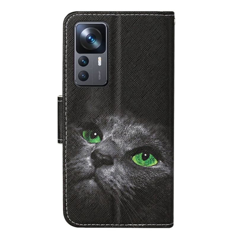 Capa Flip Para Xiaomi 12T / 12T Pro De Cordão Gato De Olhos Verdes Na Alça