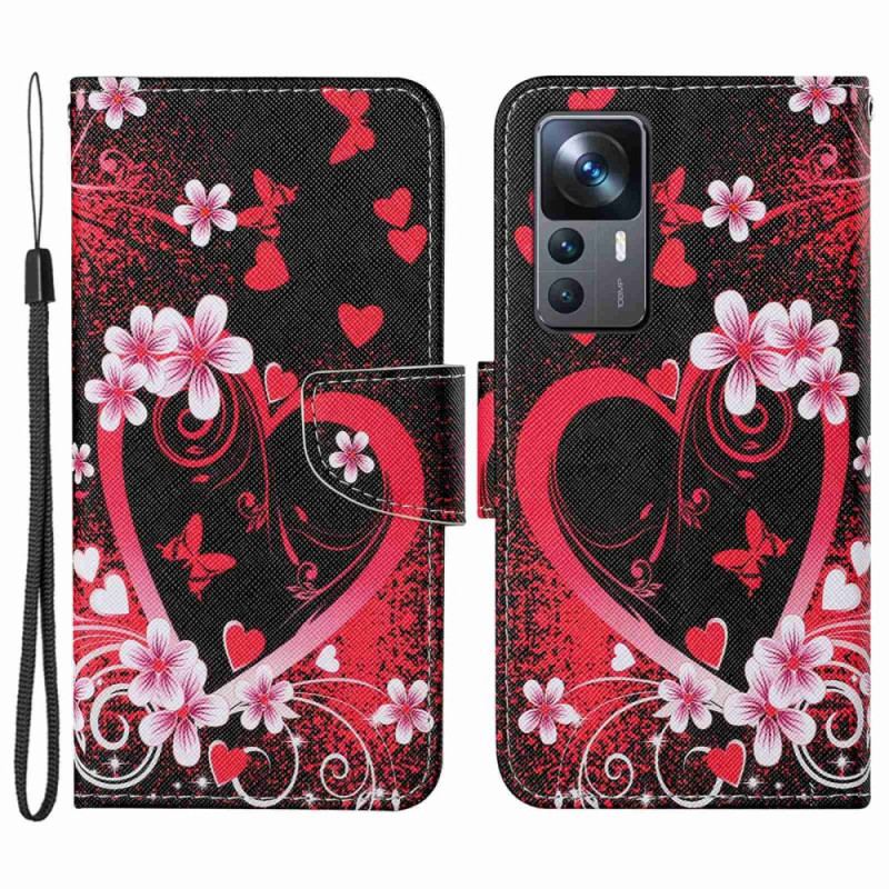 Capa Folio Para Xiaomi 12T / 12T Pro Flores E Corações Com Cordão