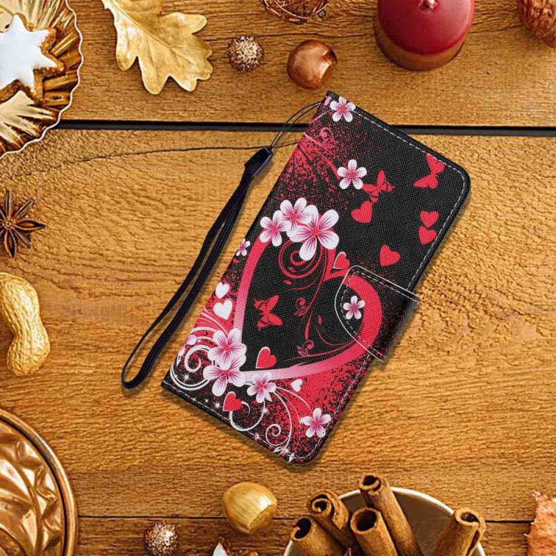 Capa Folio Para Xiaomi 12T / 12T Pro Flores E Corações Com Cordão