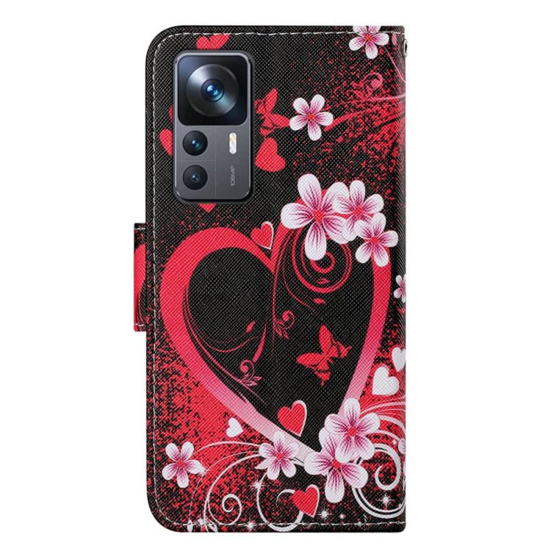 Capa Folio Para Xiaomi 12T / 12T Pro Flores E Corações Com Cordão