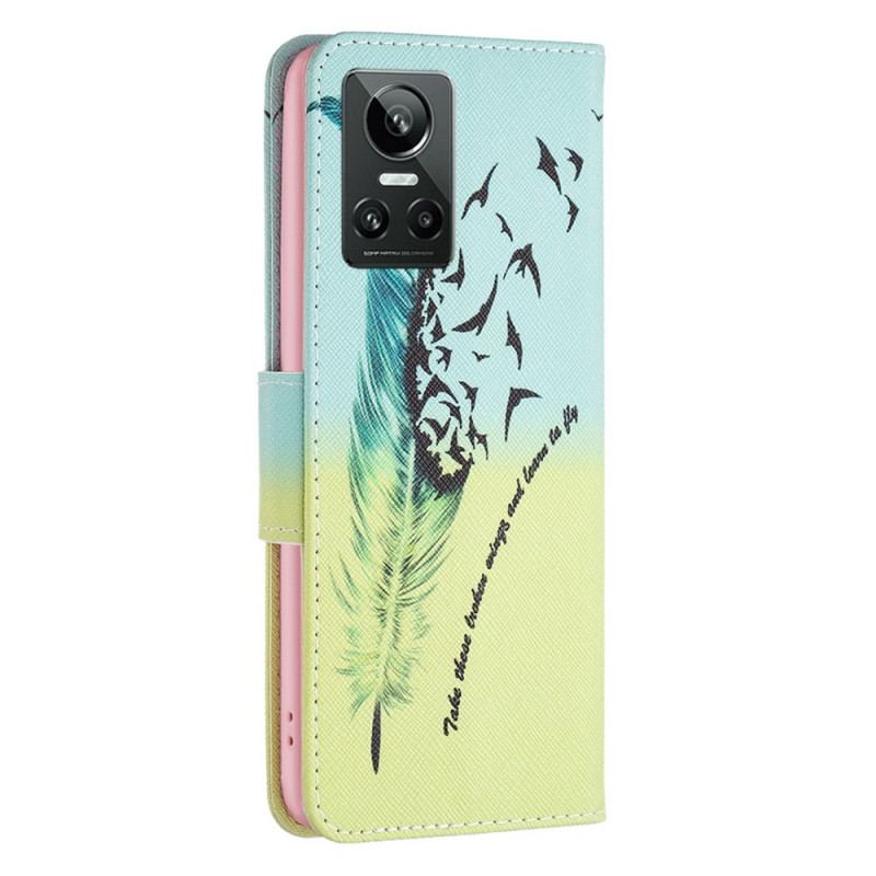 Capa Folio Para Realme GT Neo 3 Penas E Pássaros