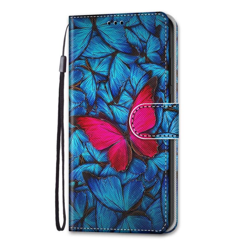 Capa Em Pele Para Samsung Galaxy A03 Core Borboleta Vermelha Fundo Azul