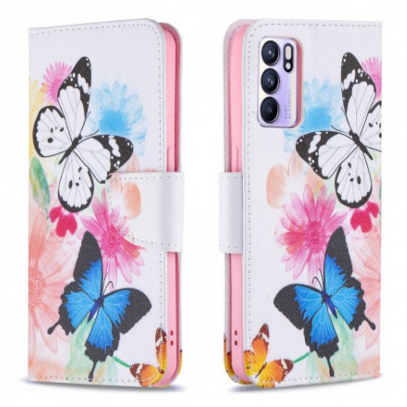 Capa De Couro Para Oppo Reno 6 5G Borboletas E Flores Pintadas