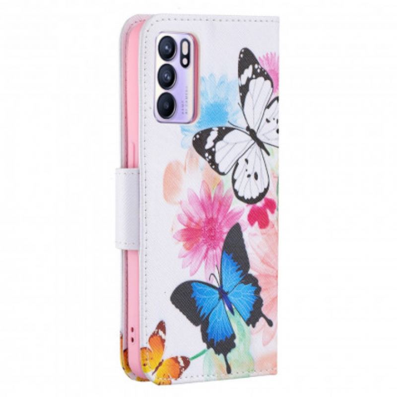 Capa De Couro Para Oppo Reno 6 5G Borboletas E Flores Pintadas