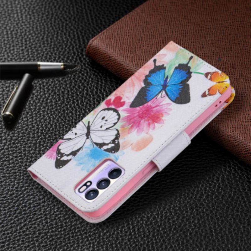 Capa De Couro Para Oppo Reno 6 5G Borboletas E Flores Pintadas