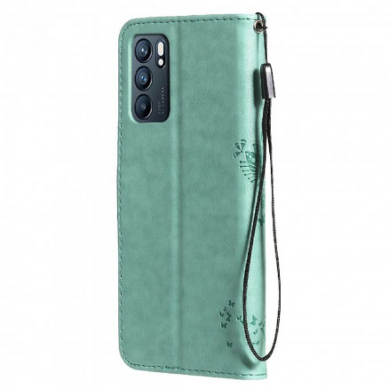 Capa De Couro Para Oppo Reno 6 5G De Cordão Árvore E Gato Strappy