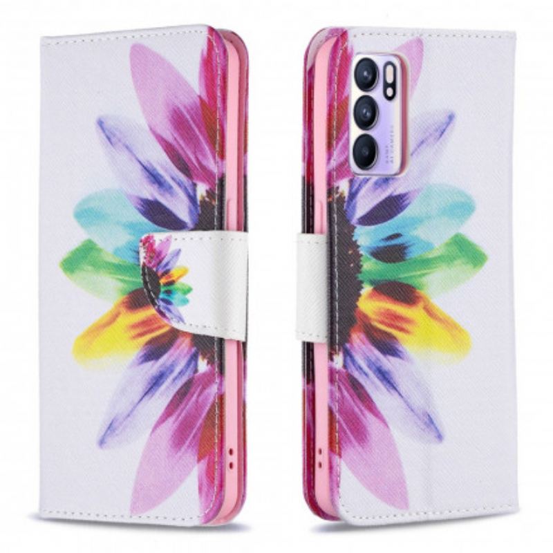 Capa De Couro Para Oppo Reno 6 5G Flor Aquarela