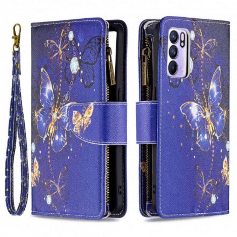 Capa Flip Para Oppo Reno 6 5G Bolso Com Zíper De Borboletas