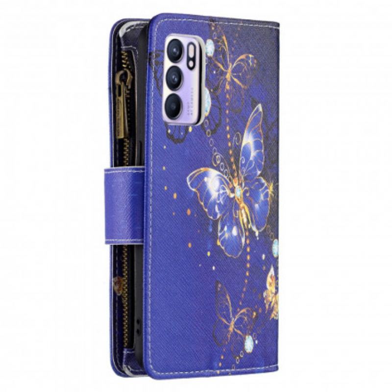 Capa Flip Para Oppo Reno 6 5G Bolso Com Zíper De Borboletas