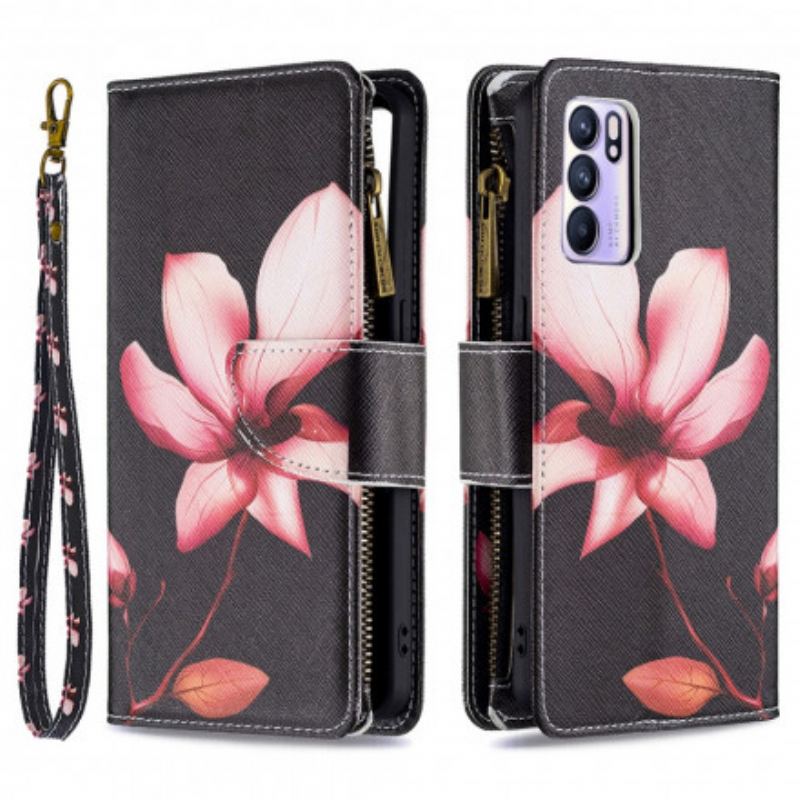 Capa Flip Para Oppo Reno 6 5G Bolso Com Zíper Flor