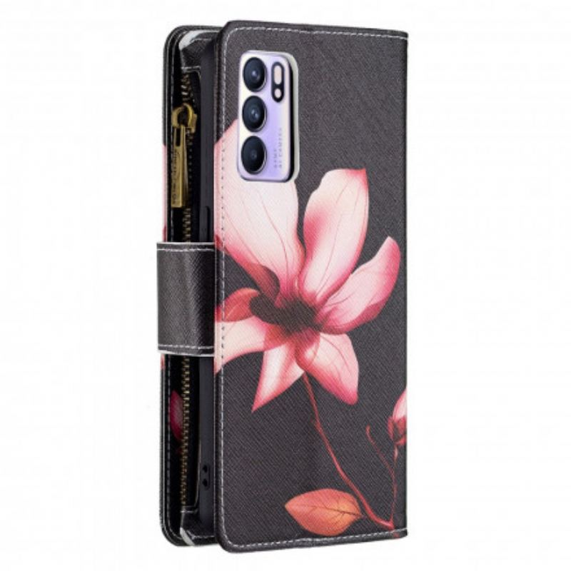 Capa Flip Para Oppo Reno 6 5G Bolso Com Zíper Flor