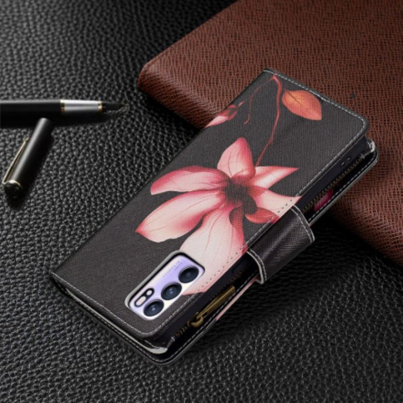 Capa Flip Para Oppo Reno 6 5G Bolso Com Zíper Flor