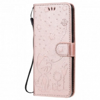 Capa Flip Para Oppo Reno 6 5G De Cordão Gato E Abelha Com Cordão