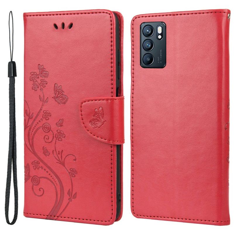 Capa Folio Para Oppo Reno 6 5G Borboletas E Flores