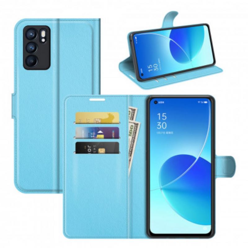 Capa Folio Para Oppo Reno 6 5G Couro Sintético De Lichia Clássico