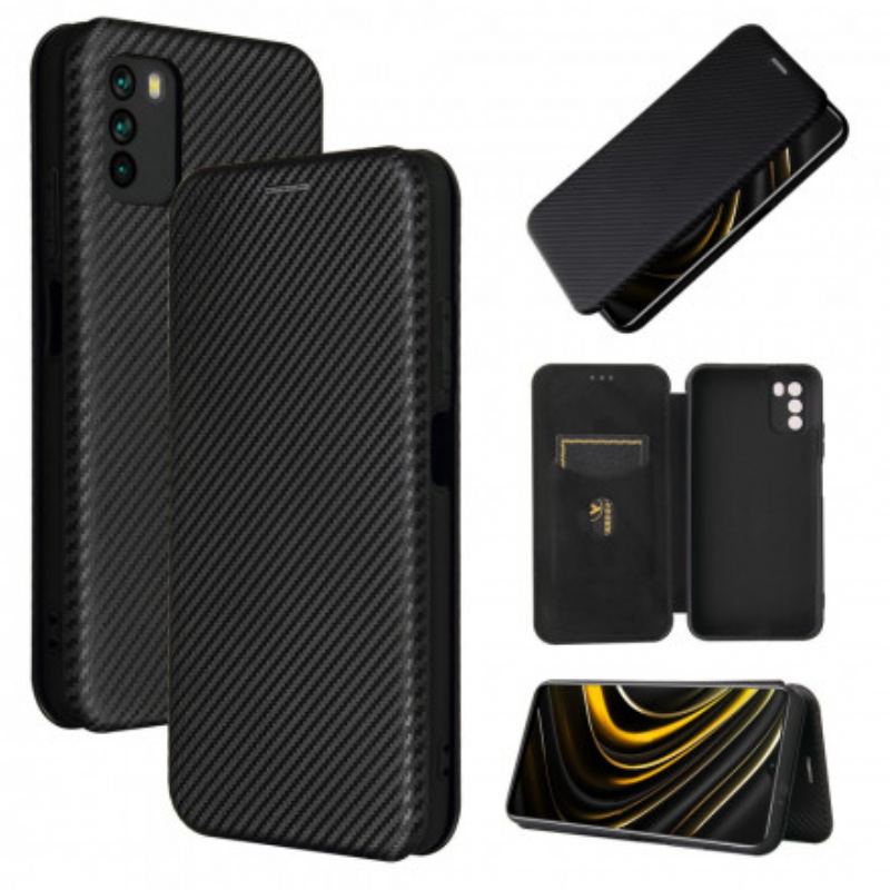 Capa De Celular Para Poco M3 Flip Fibra De Carbono Com Anel De Suporte