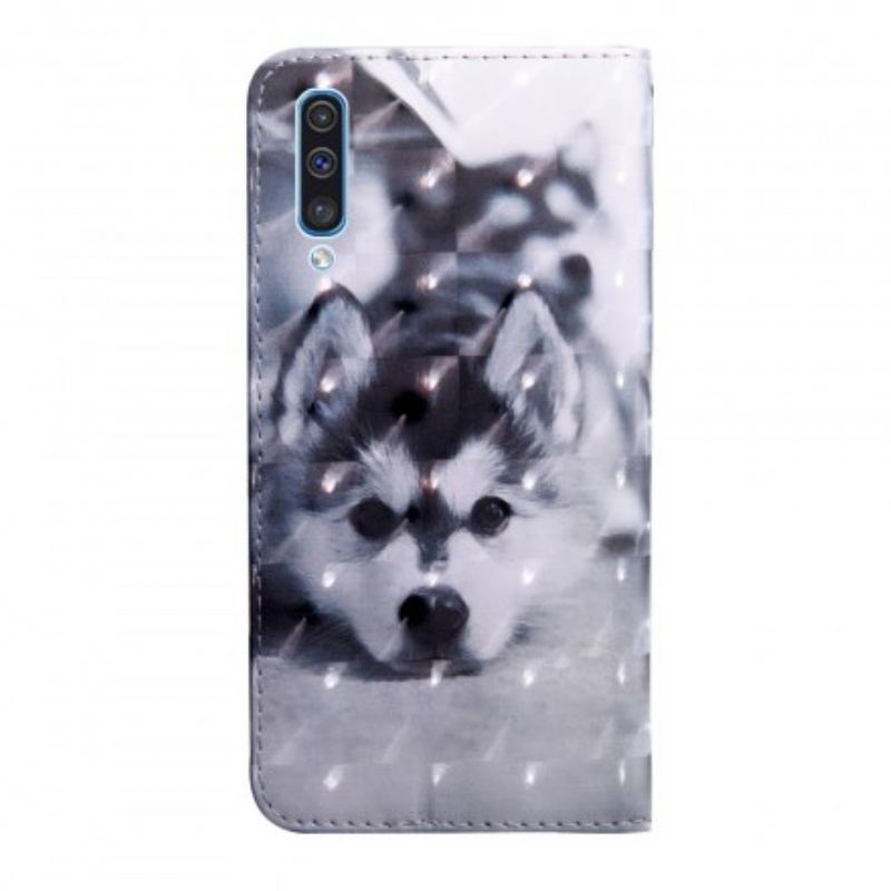 Capa De Couro Para Samsung Galaxy A50 Cachorro Preto E Branco