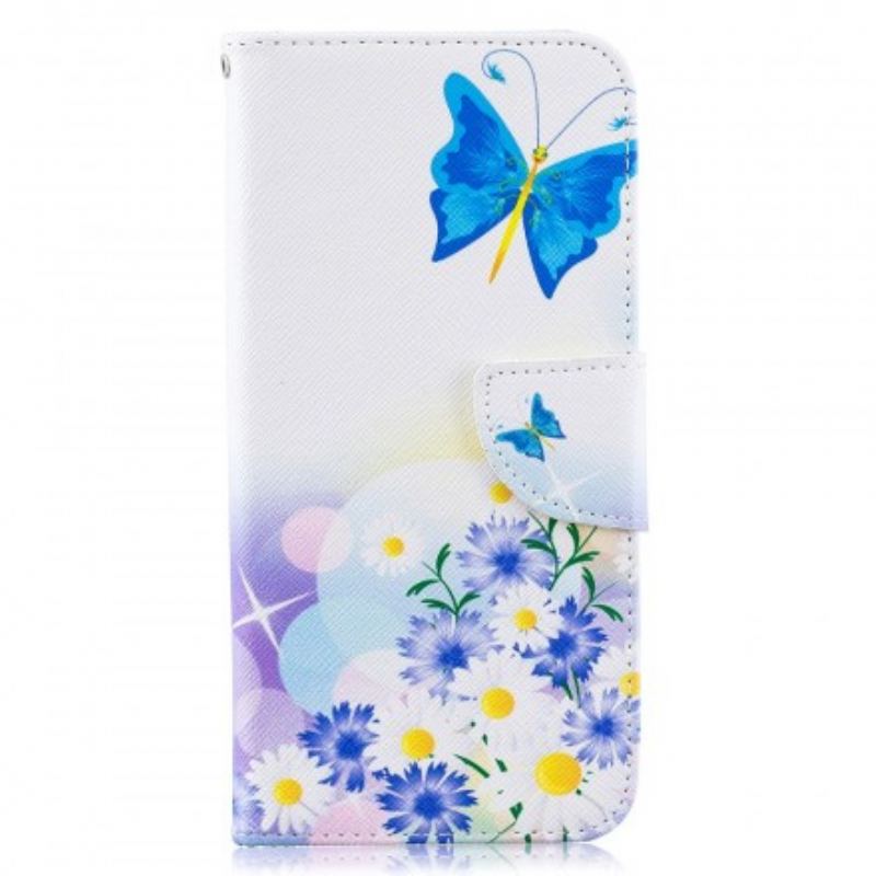 Capa Em Pele Para Samsung Galaxy A50 Borboletas E Flores Pintadas