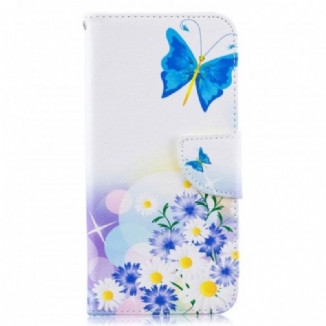 Capa Em Pele Para Samsung Galaxy A50 Borboletas E Flores Pintadas