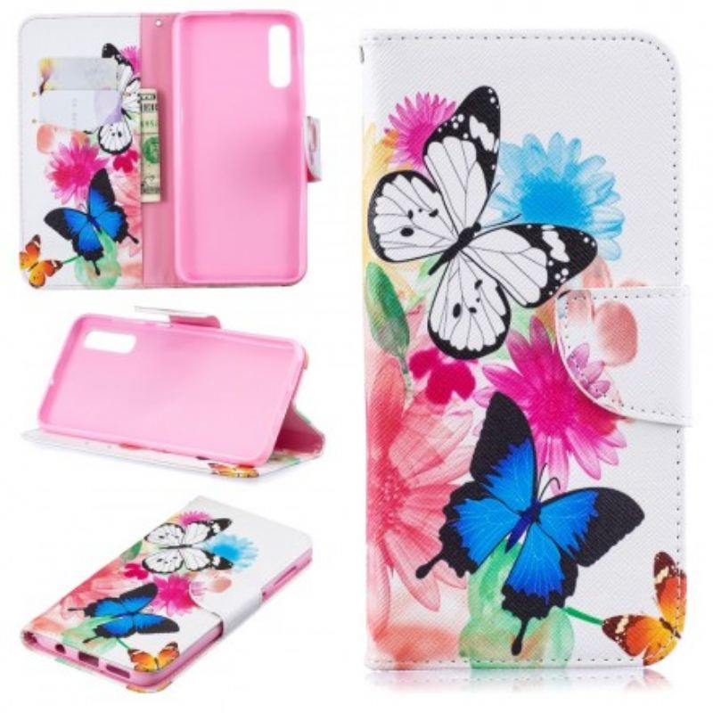 Capa Em Pele Para Samsung Galaxy A50 Borboletas E Flores Pintadas