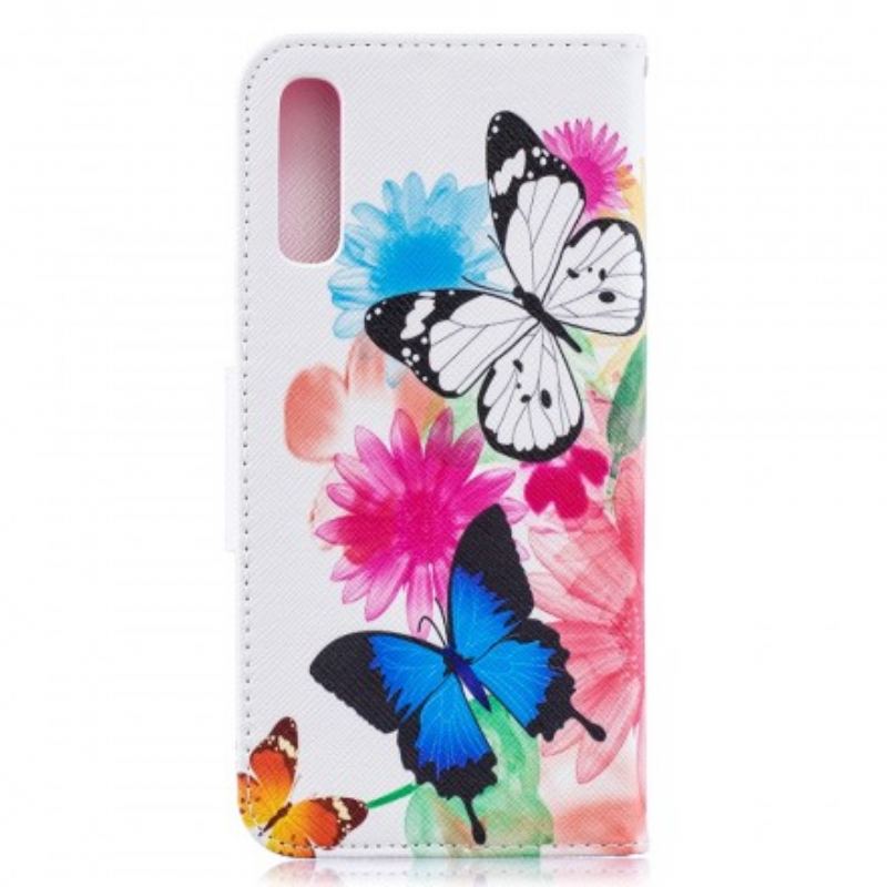 Capa Em Pele Para Samsung Galaxy A50 Borboletas E Flores Pintadas