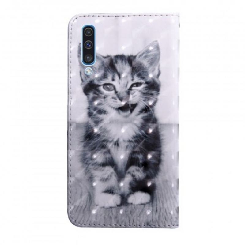 Capa Em Pele Para Samsung Galaxy A50 Gato Preto E Branco