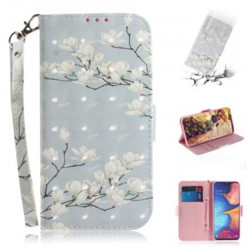 Capa De Couro Para Samsung Galaxy A20e De Cordão Árvore De Flores De Cinta