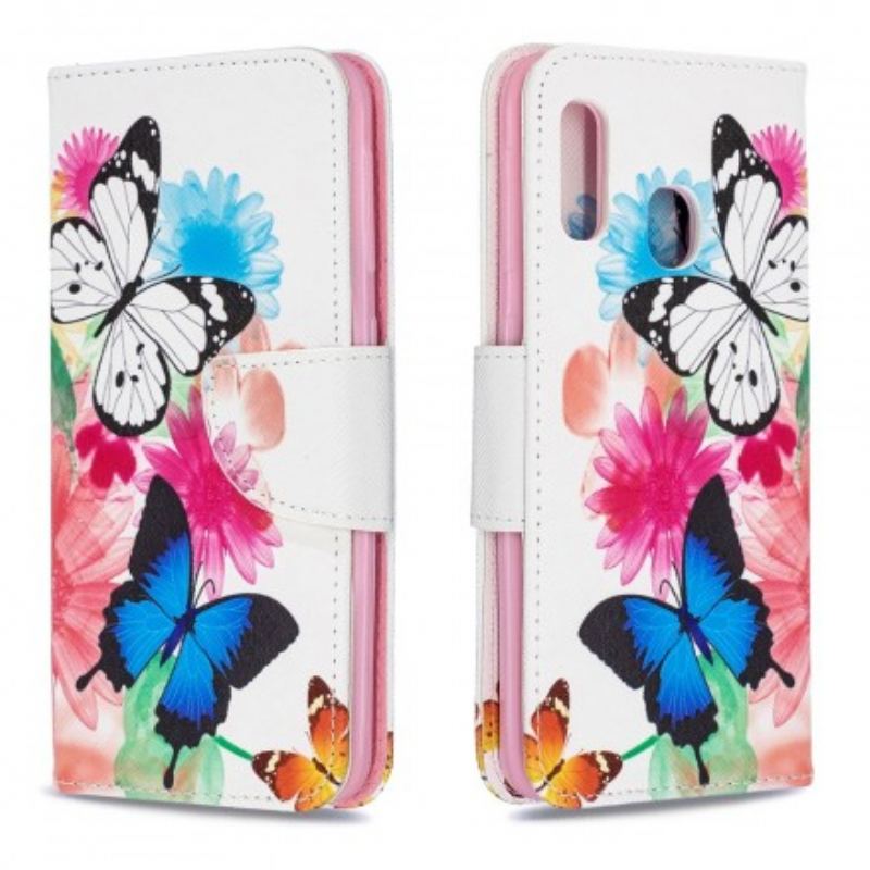 Capa Folio Para Samsung Galaxy A20e Borboletas E Flores Pintadas