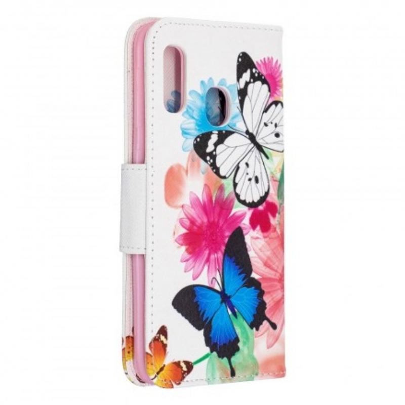 Capa Folio Para Samsung Galaxy A20e Borboletas E Flores Pintadas