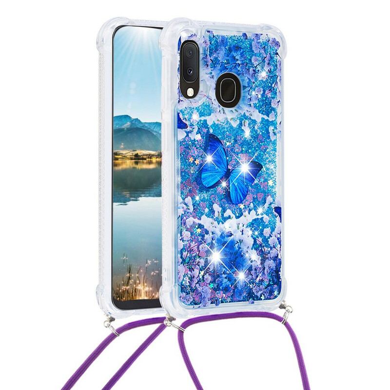 Capa Para Samsung Galaxy A20e De celular Borboletas De Lantejoulas Com Cordão