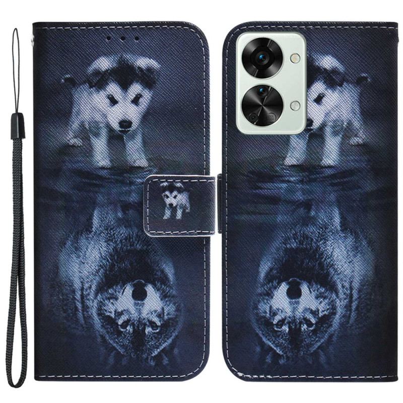 Capa De Couro Para OnePlus Nord 2T 5G De Cordão Filhote De Cachorro E Lobo Na Cinta