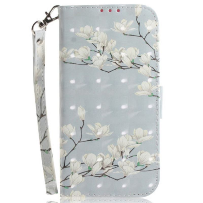 Capa Flip Para OnePlus Nord 2T 5G De Cordão Flores De Magnólia Strappy