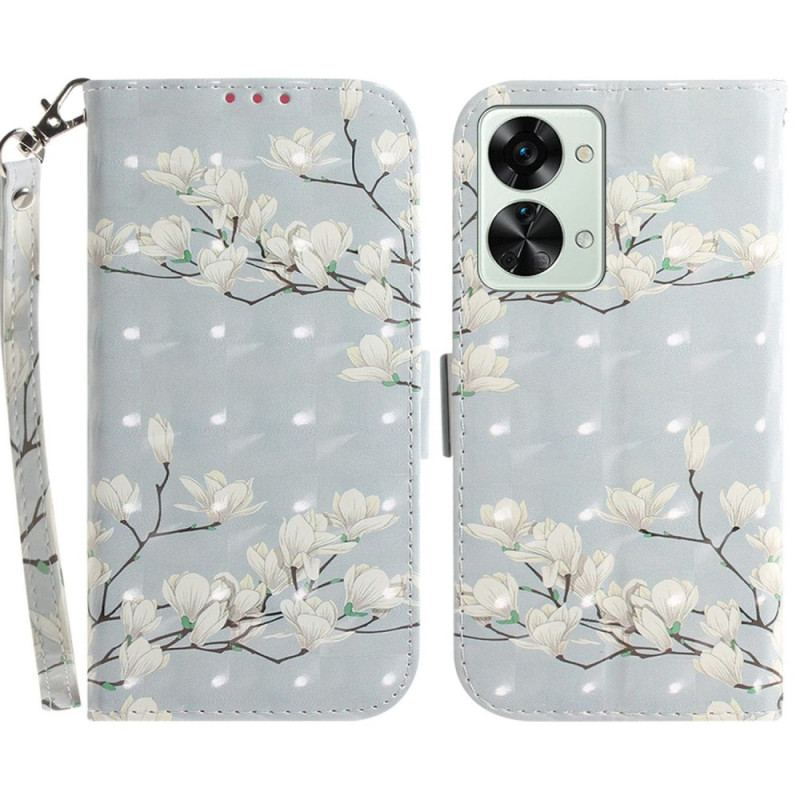 Capa Flip Para OnePlus Nord 2T 5G De Cordão Flores De Magnólia Strappy