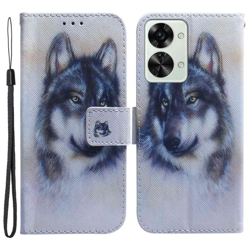 Capa Flip Para OnePlus Nord 2T 5G De Cordão Strappy Aquarela Lobo