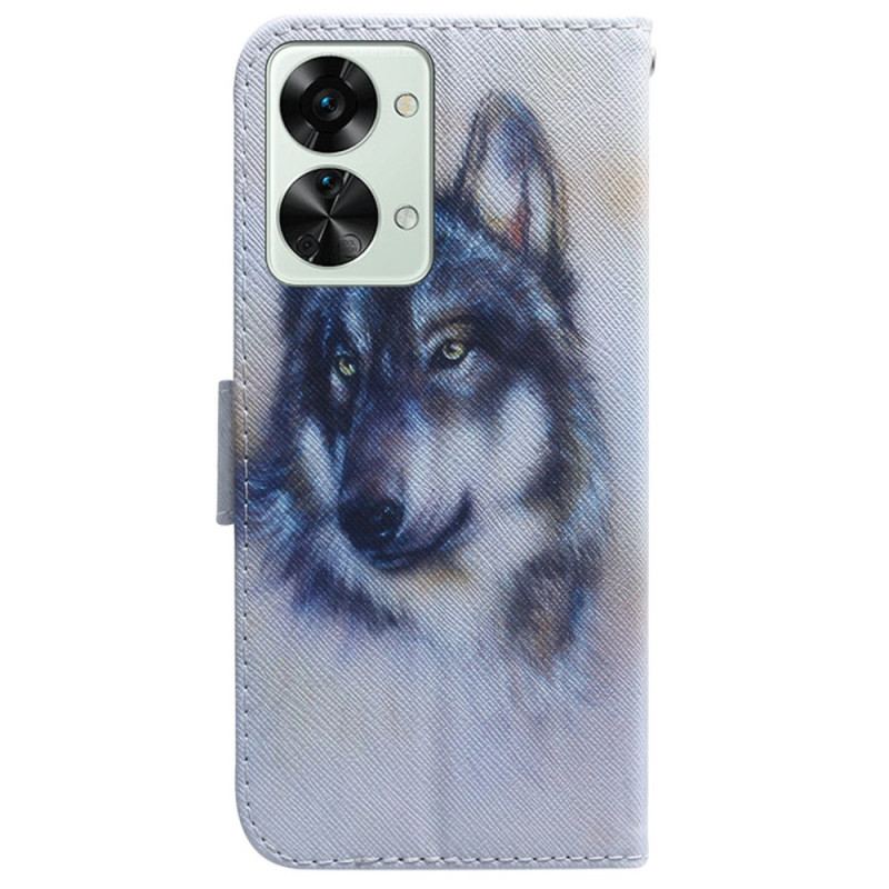 Capa Flip Para OnePlus Nord 2T 5G De Cordão Strappy Aquarela Lobo