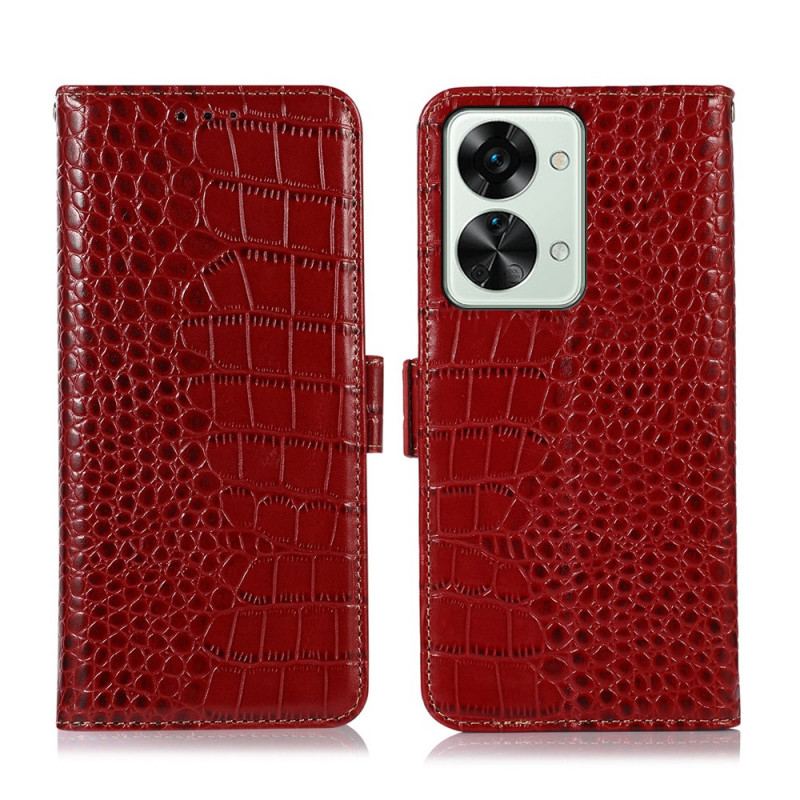 Capa Flip Para OnePlus Nord 2T 5G Couro Genuíno Estilo Crocodilo Rfid